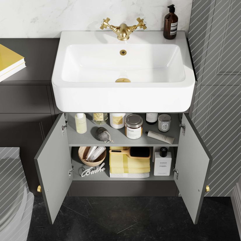 Monaco Graphite Grey Basin Vanity and Back To Wall Unit 1200mm (Excludes Pan & Cistern) - Brushed Brass Accents
