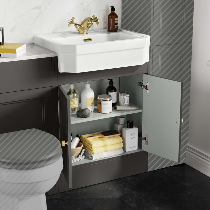 Monaco Graphite Grey Combination Vanity Traditional Basin with Marble Top 1200mm (Excludes Pan & Cistern) - Brushed Brass Accents