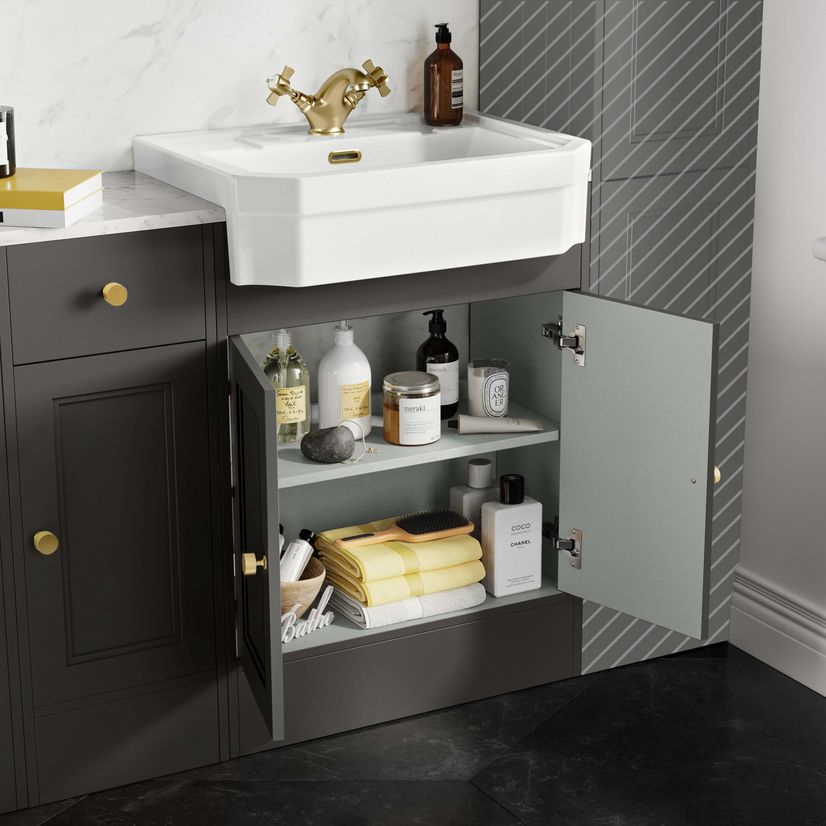 Monaco Graphite Grey Combination Vanity Traditional Basin with Marble Top 1500mm (Excludes Pan & Cistern) - Brushed Brass Accents