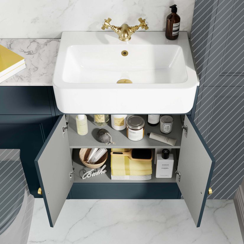 Monaco Inky Blue Combination Vanity Basin with Marble Top 1200mm (Excludes Pan & Cistern) - Brushed Brass Accents