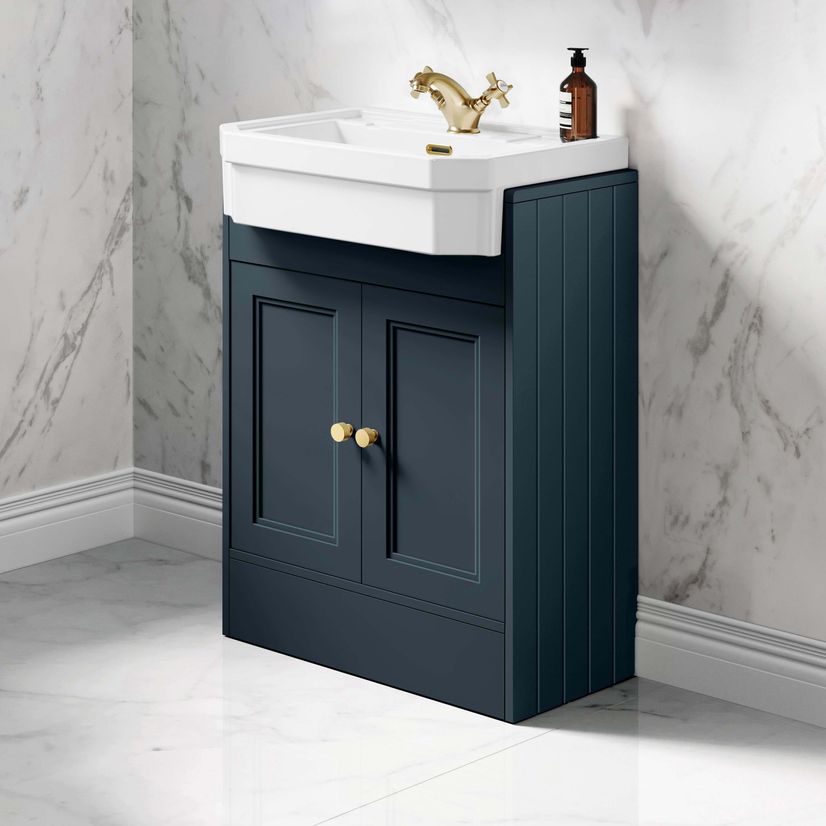 Monaco Inky Blue Traditional Basin Vanity 600mm - Brushed Brass Accents
