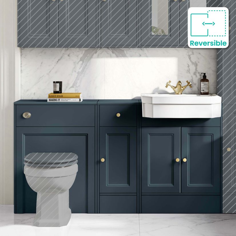 Monaco Inky Blue Traditional Basin Vanity and Back To Wall Unit 1500mm (Excludes Pan & Cistern) - Brushed Brass Accents