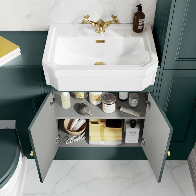 Monaco Midnight Green Traditional Basin Vanity 600mm - Brushed Brass Accents