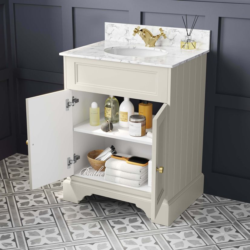Lucia Chalk White Vanity with Marble Top & Undermount Basin 630mm - Brushed Brass Accents