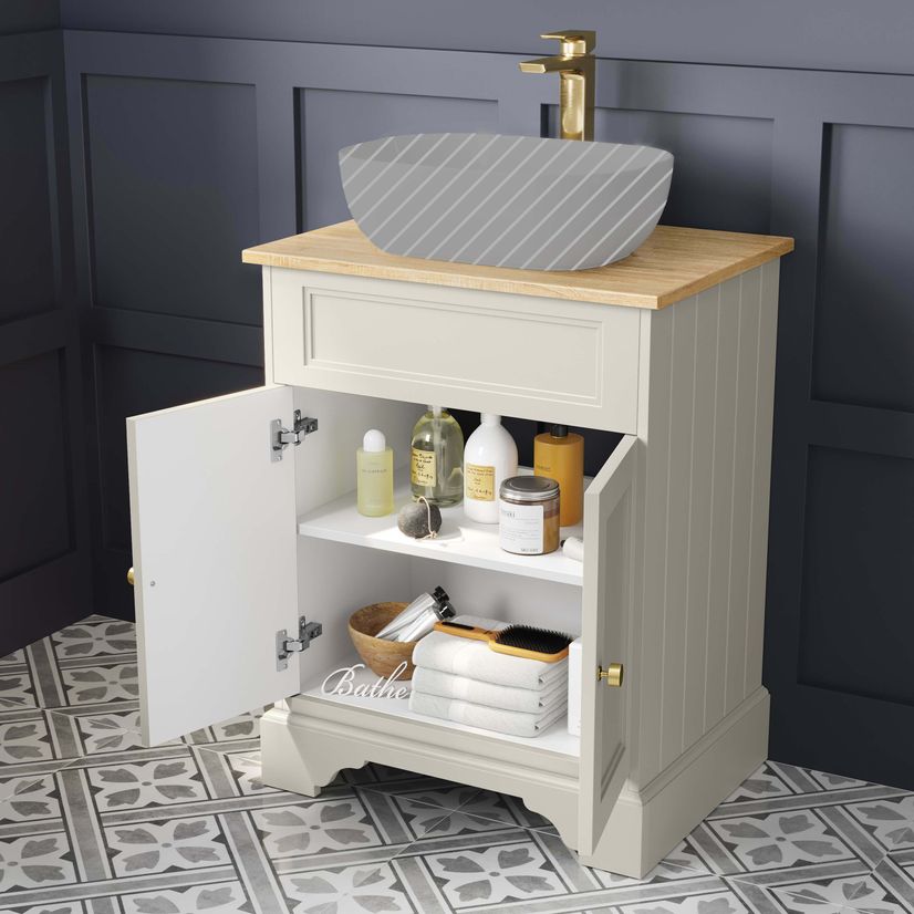 Lucia Chalk White Cabinet with Oak Effect Top 640mm (Excludes Counter Top Basin) - Brushed Brass Accents