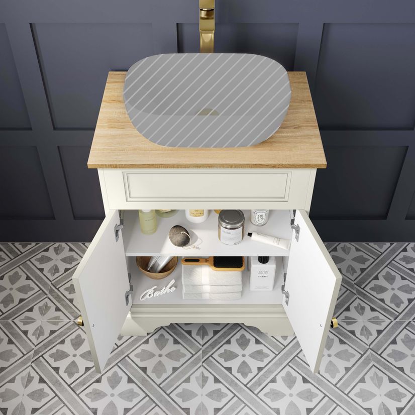 Lucia Chalk White Cabinet with Oak Effect Top 640mm (Excludes Counter Top Basin) - Brushed Brass Accents