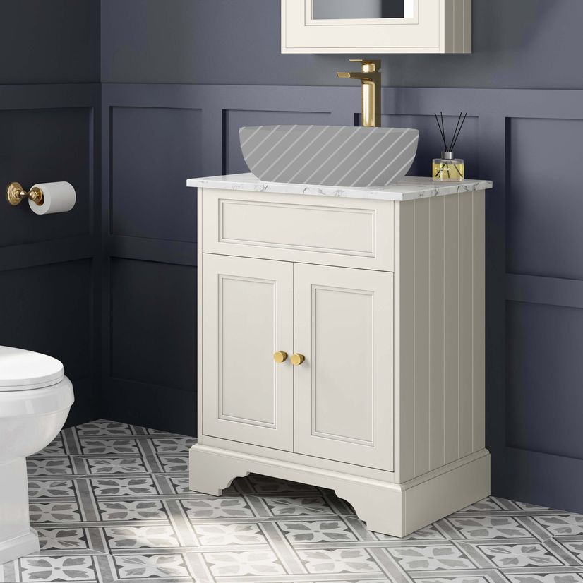 Lucia Chalk White Cabinet with Marble Top 640mm (Excludes Counter Top Basin) - Brushed Brass Accents