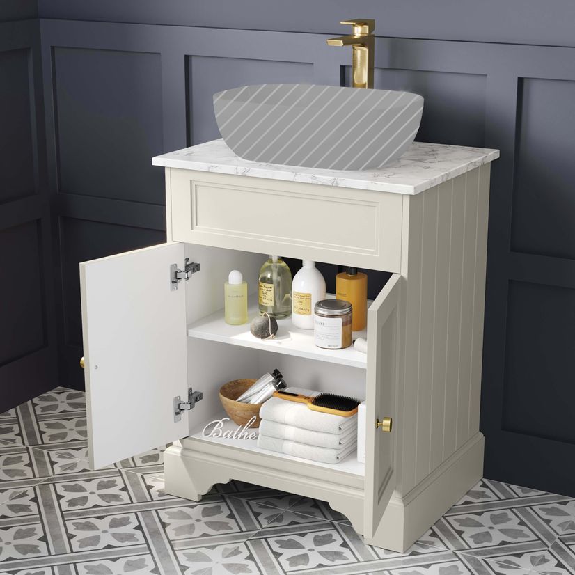 Lucia Chalk White Cabinet with Marble Top 640mm (Excludes Counter Top Basin) - Brushed Brass Accents