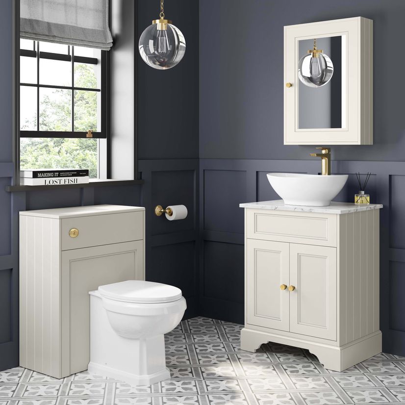 Lucia Chalk White Vanity with Marble Top & Oval Counter Top Basin 640mm - Brushed Brass Accents