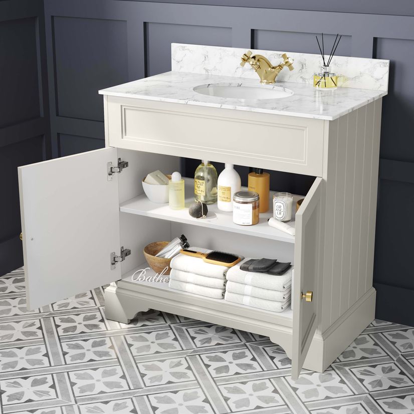 Lucia Chalk White Vanity with Marble Top & Undermount Basin 830mm - Brushed Brass Accents