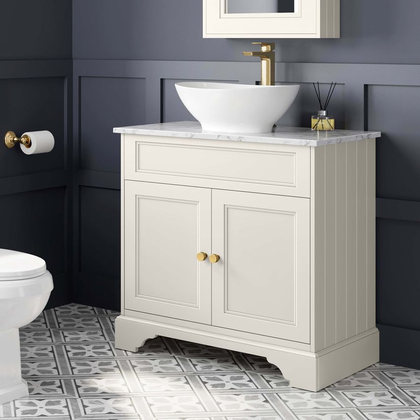 Lucia Chalk White Vanity with Marble Top & Oval Counter Top Basin 840mm - Brushed Brass Accents