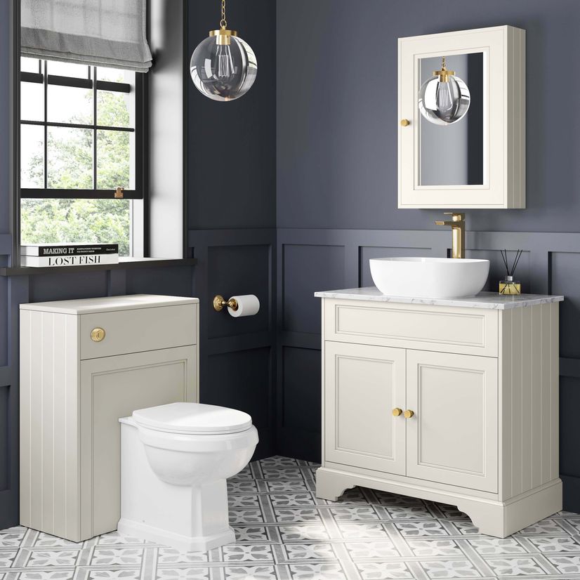 Lucia Chalk White Vanity with Marble Top & Curved Counter Top Basin 840mm - Brushed Brass Accents