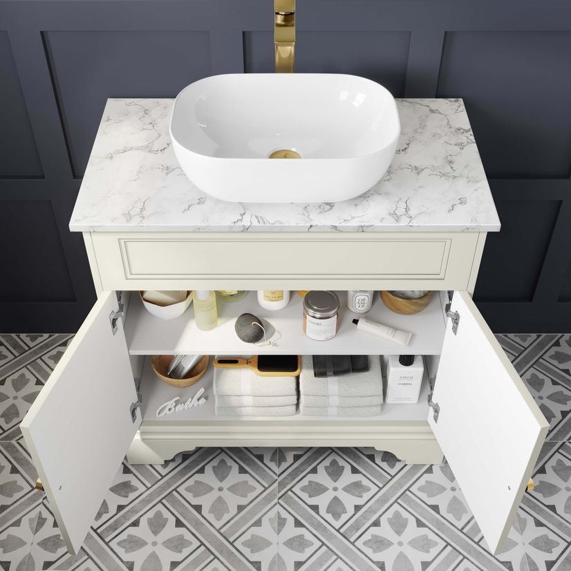 Lucia Chalk White Vanity with Marble Top & Curved Counter Top Basin 840mm - Brushed Brass Accents