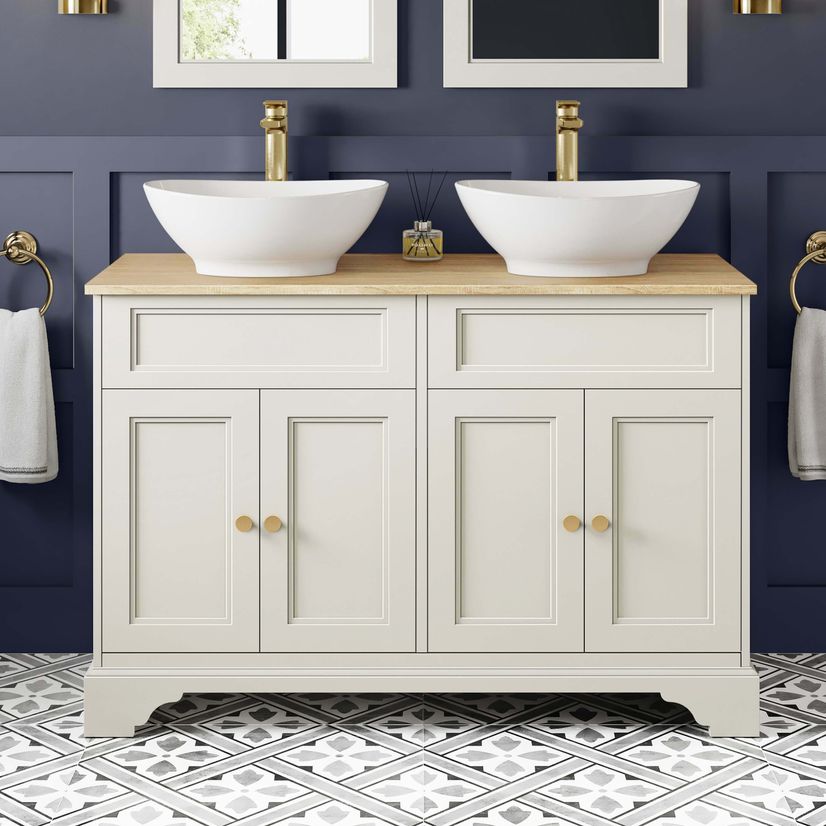 Lucia Chalk White Double Vanity with Oak Effect Top & Oval Counter Top Basin 1200mm - Brushed Brass Accents