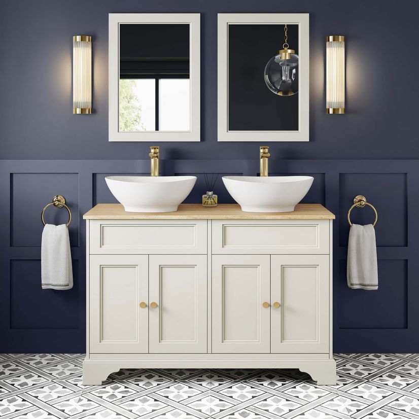 Lucia Chalk White Double Vanity with Oak Effect Top & Oval Counter Top Basin 1200mm - Brushed Brass Accents