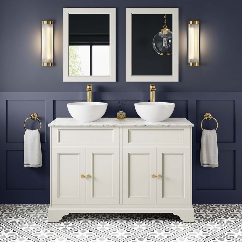 Lucia Chalk White Double Vanity with Marble Top & Round Counter Top Basin 1200mm - Brushed Brass Accents