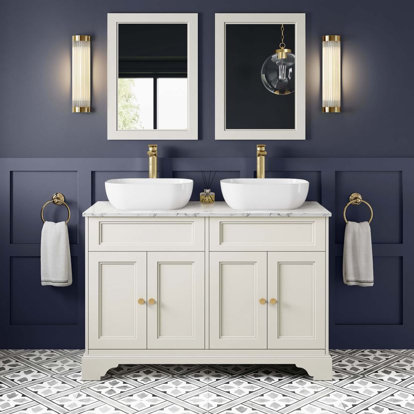 Lucia Chalk White Double Vanity with Marble Top & Curved Counter Top Basin 1200mm - Brushed Brass Accents