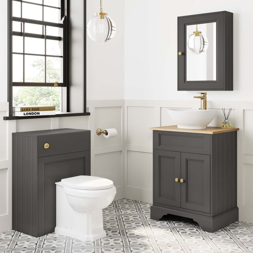 Lucia Graphite Grey Vanity with Oak Effect Top & Oval Counter Top Basin 640mm - Brushed Brass Accents