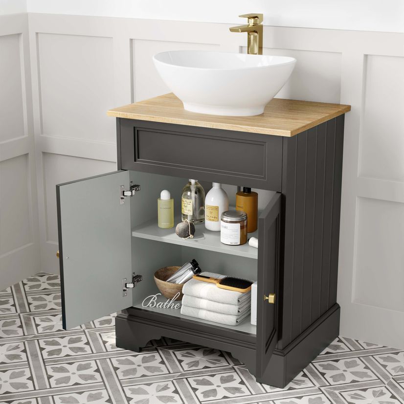 Lucia Graphite Grey Vanity with Oak Effect Top & Oval Counter Top Basin 640mm - Brushed Brass Accents