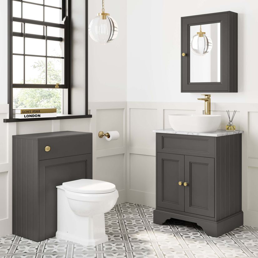 Lucia Graphite Grey Vanity with Marble Top & Curved Counter Top Basin 640mm - Brushed Brass Accents