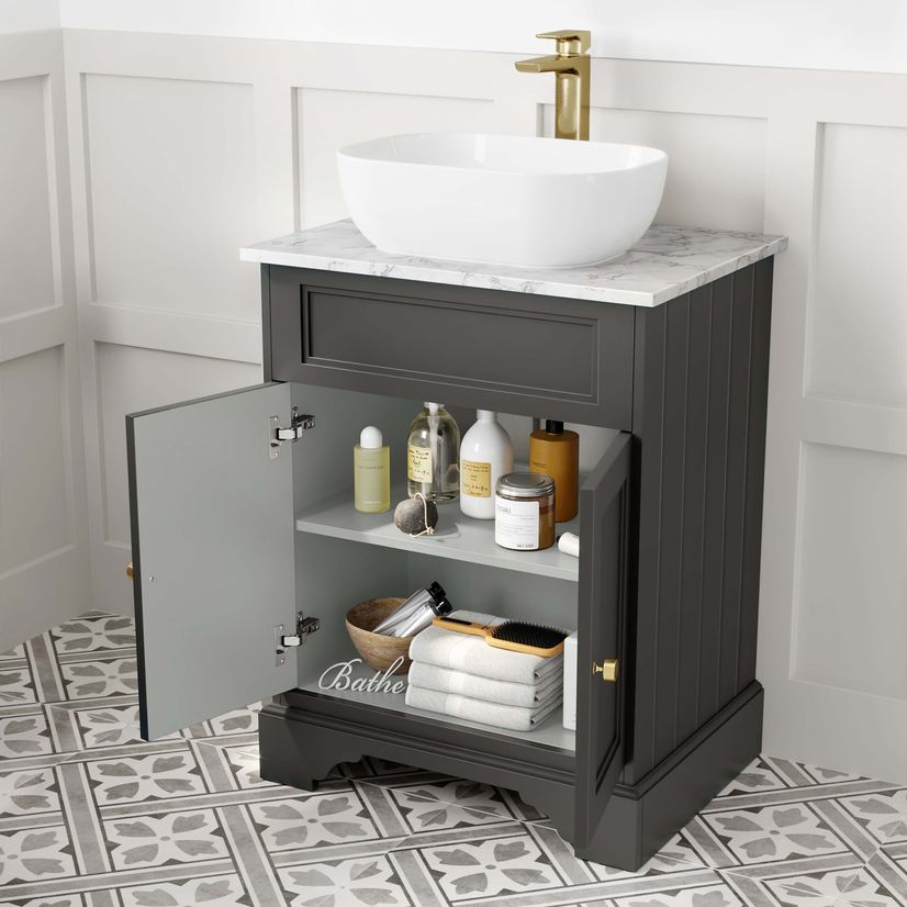 Lucia Graphite Grey Vanity with Marble Top & Curved Counter Top Basin 640mm - Brushed Brass Accents