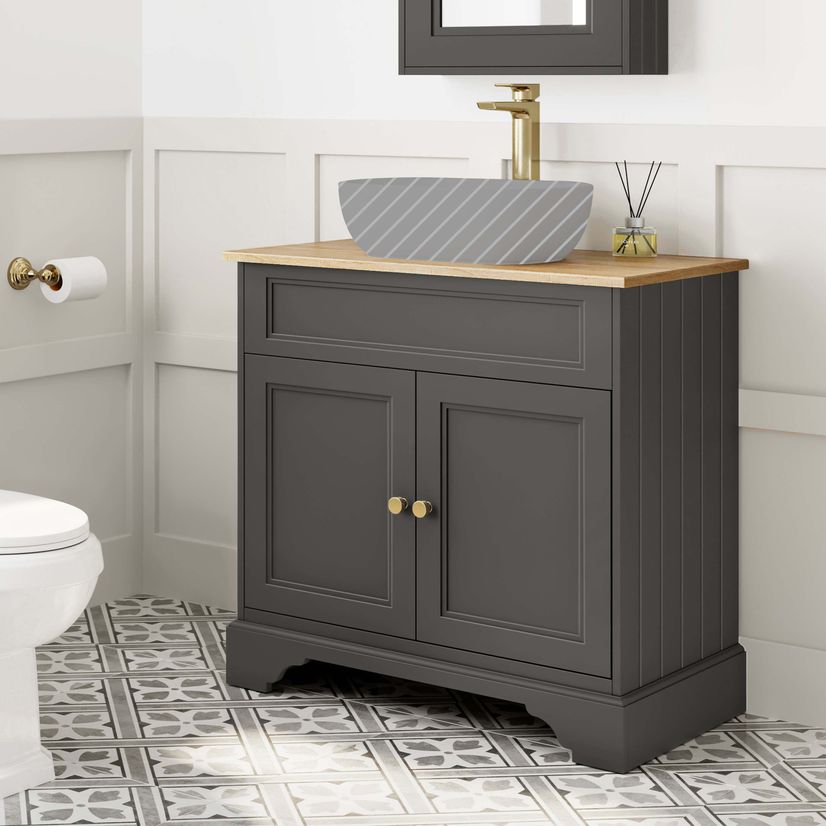 Lucia Graphite Grey Cabinet with Oak Effect Top 840mm (Excludes Counter Top Basin) - Brushed Brass Accents