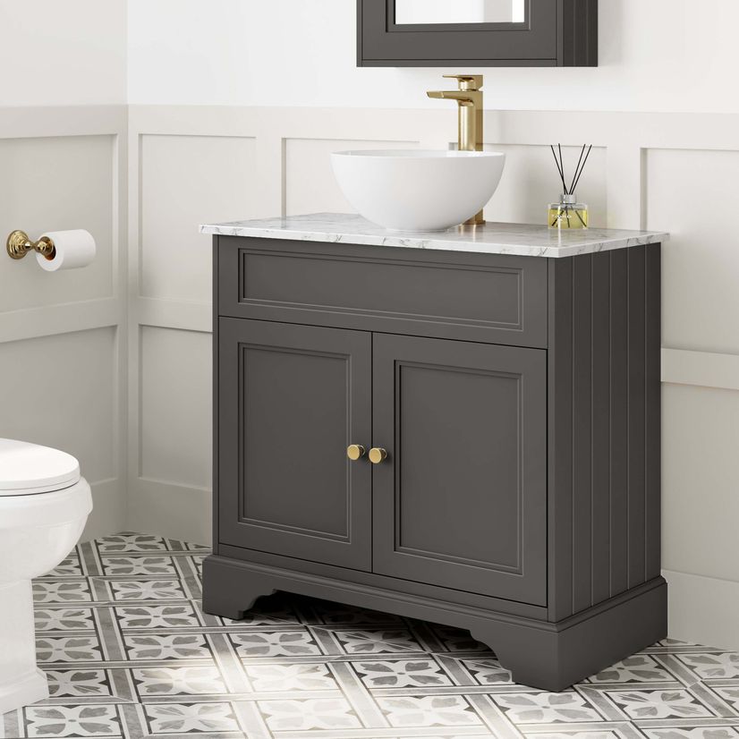 Lucia Graphite Grey Vanity with Marble Top & Round Counter Top Basin 840mm - Brushed Brass Accents