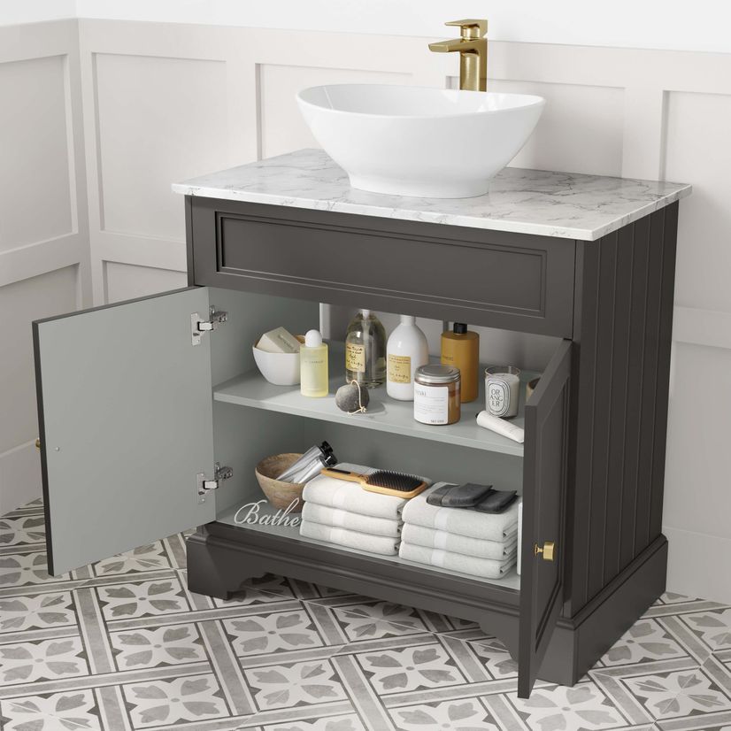 Lucia Graphite Grey Vanity with Marble Top & Oval Counter Top Basin 840mm - Brushed Brass Accents