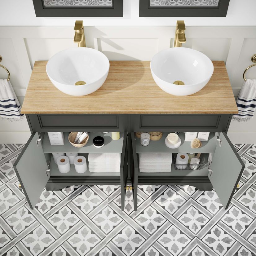 Lucia Graphite Grey Double Vanity with Oak Effect Top & Round Counter Top Basin 1200mm - Brushed Brass Accents