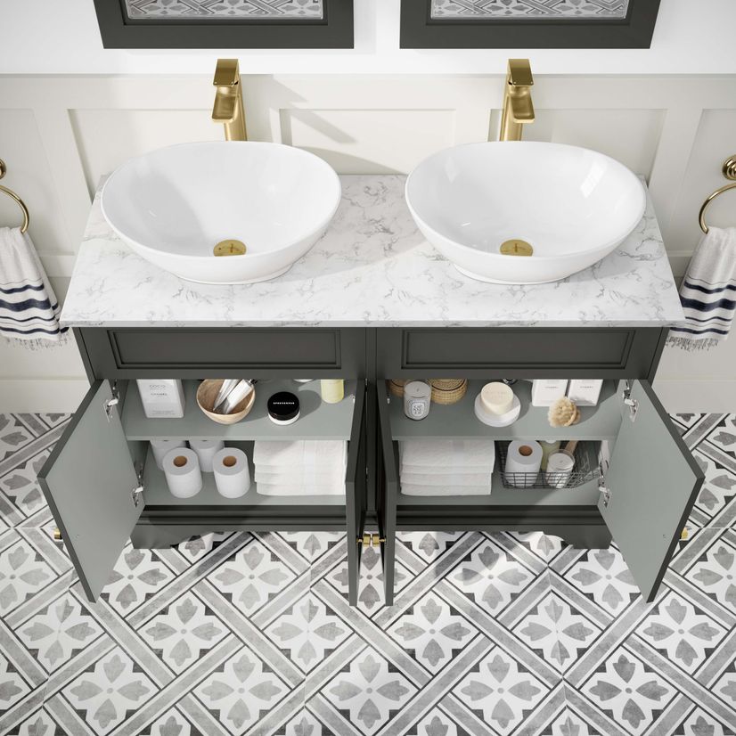 Lucia Graphite Grey Double Vanity with Marble Top & Oval Counter Top Basin 1200mm - Brushed Brass Accents
