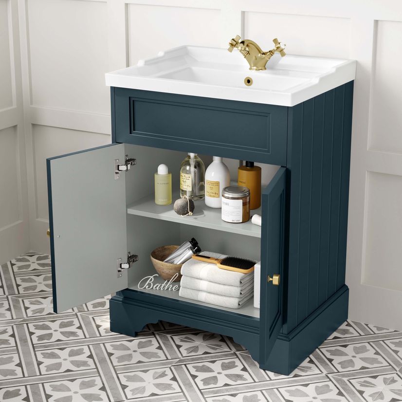 Lucia Inky Blue Basin Vanity 630mm - Brushed Brass Accents