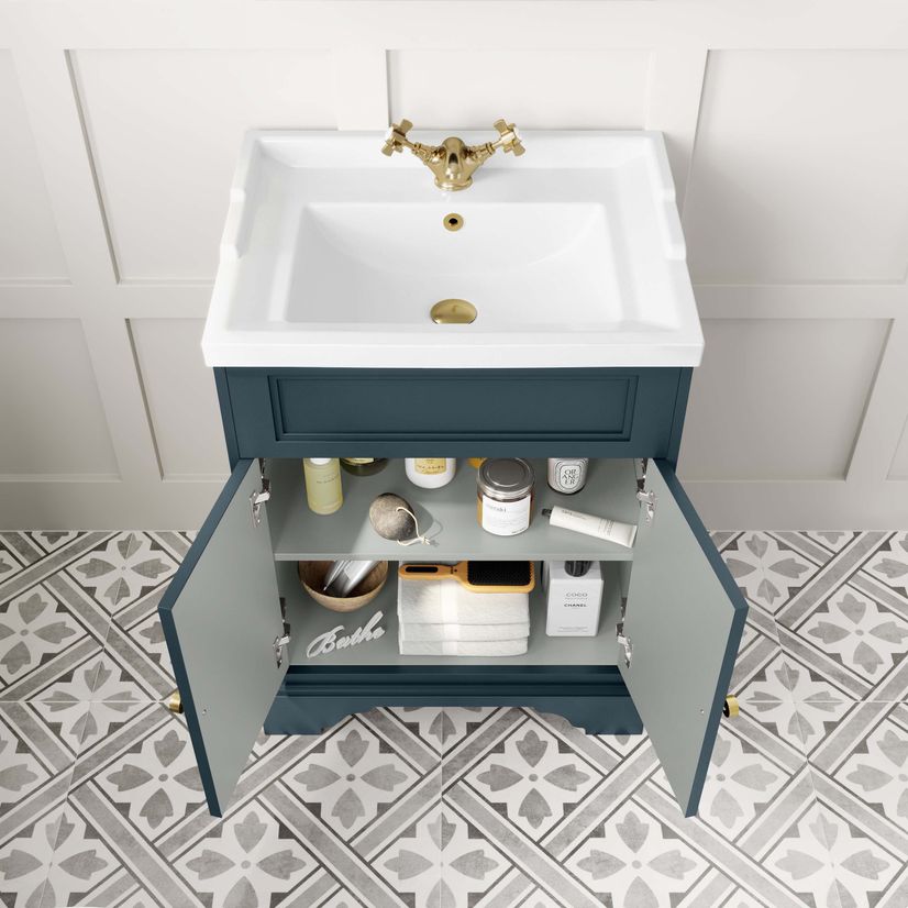 Lucia Inky Blue Basin Vanity 630mm - Brushed Brass Accents