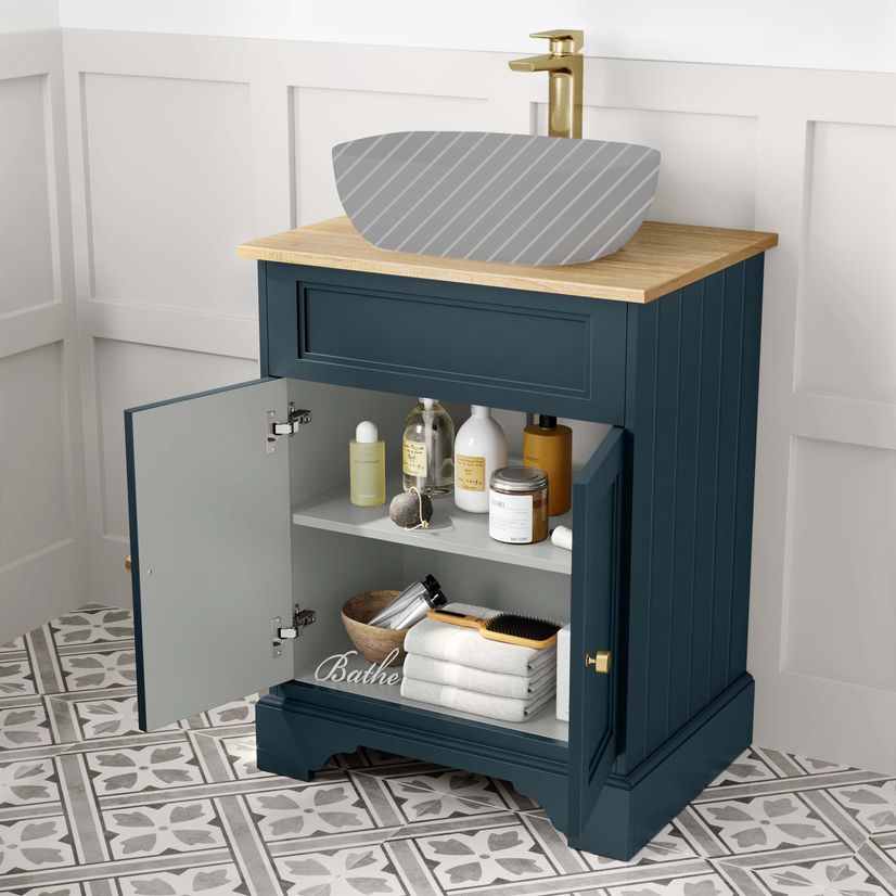 Lucia Inky Blue Cabinet with Oak Effect Top 640mm (Excludes Counter Top Basin) - Brushed Brass Accents