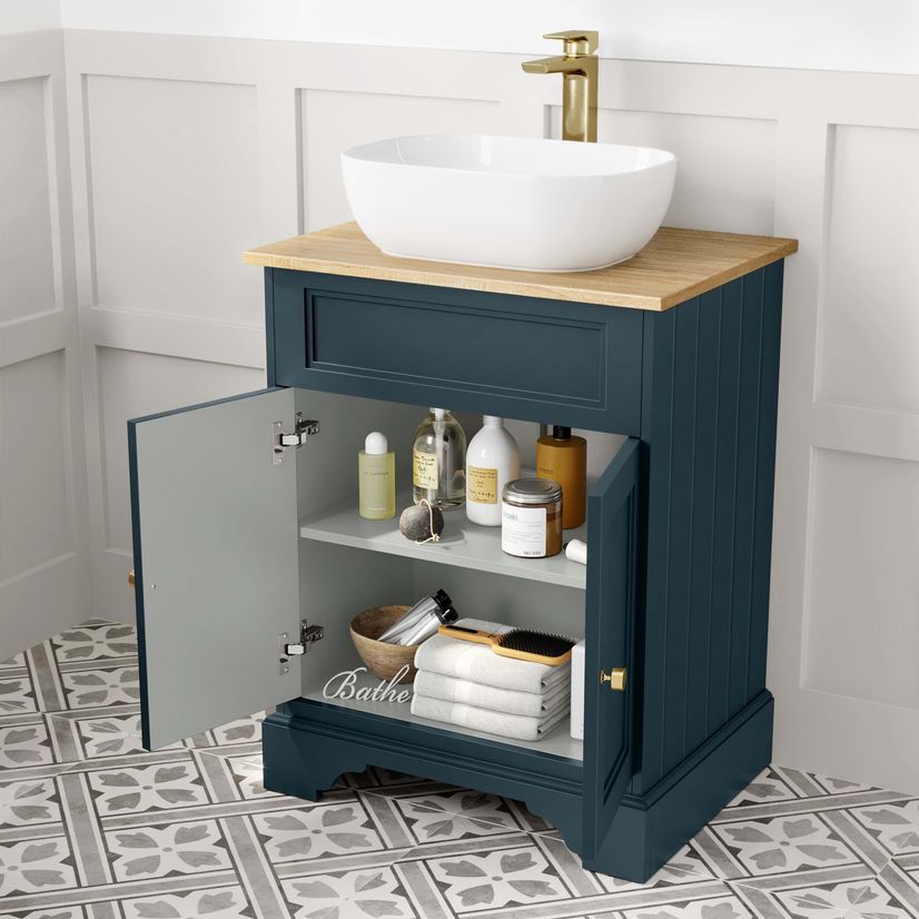 Lucia Inky Blue Vanity with Oak Effect Top & Curved Counter Top Basin 640mm - Brushed Brass Accents