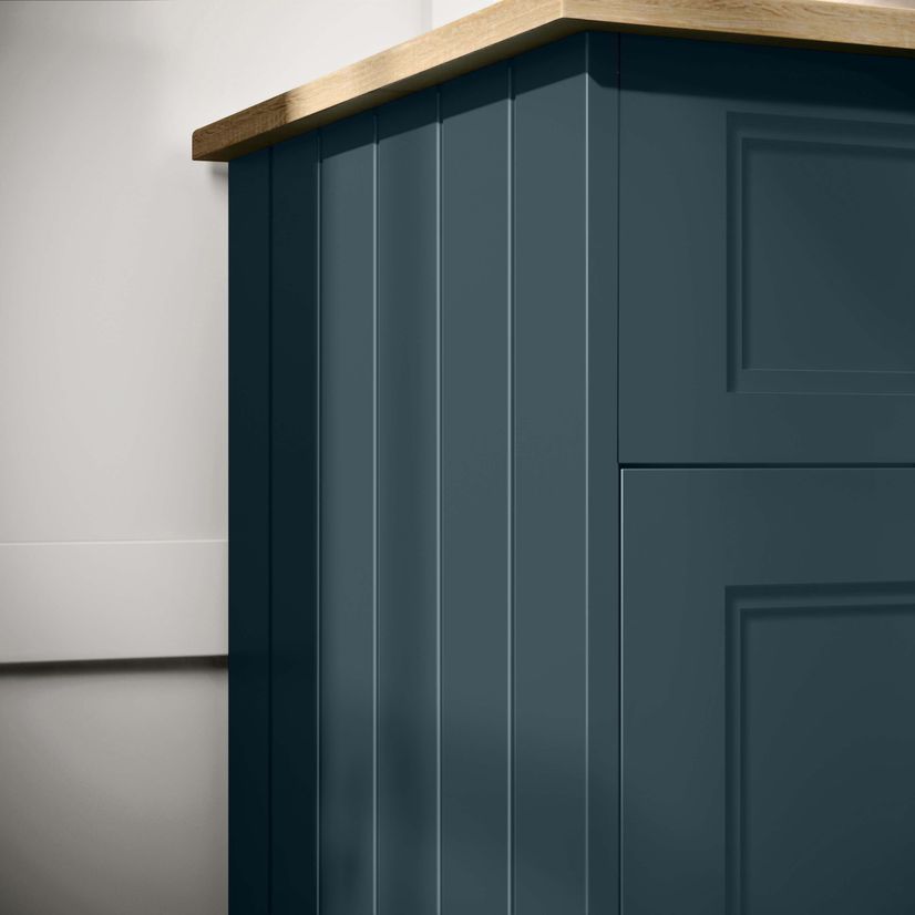 Lucia Inky Blue Vanity with Oak Effect Top & Curved Counter Top Basin 640mm - Brushed Brass Accents