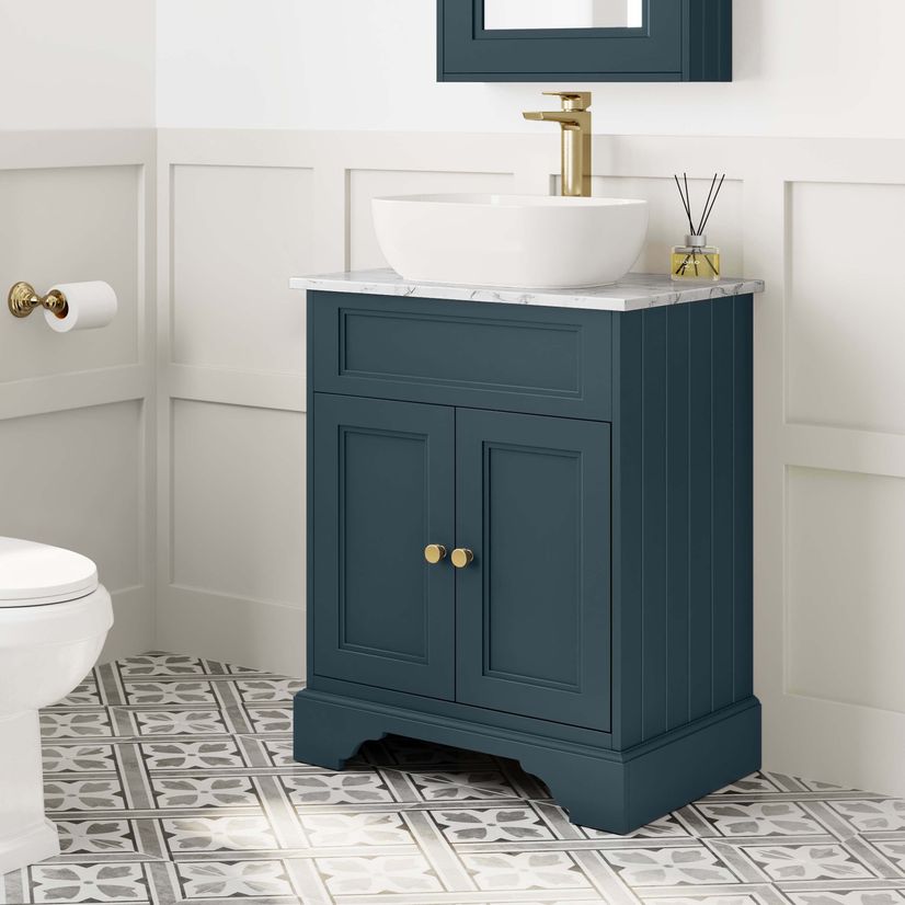 Lucia Inky Blue Vanity with Marble Top & Curved Counter Top Basin 640mm - Brushed Brass Accents