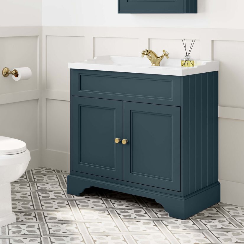 Lucia Inky Blue Basin Vanity 830mm - Brushed Brass Accents