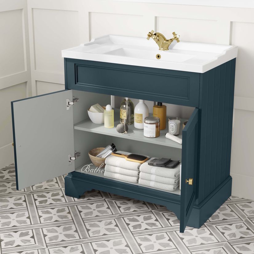 Lucia Inky Blue Basin Vanity 830mm - Brushed Brass Accents