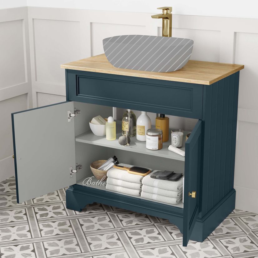 Lucia Inky Blue Cabinet with Oak Effect Top 840mm (Excludes Counter Top Basin) - Brushed Brass Accents