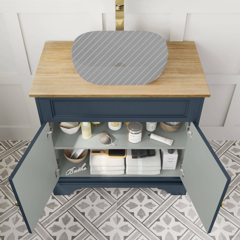 Lucia Inky Blue Cabinet with Oak Effect Top 840mm (Excludes Counter Top Basin) - Brushed Brass Accents
