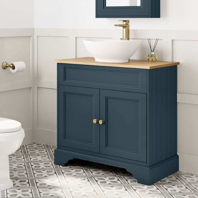 Lucia Inky Blue Vanity with Oak Effect Top & Oval Counter Top Basin 840mm - Brushed Brass Accents