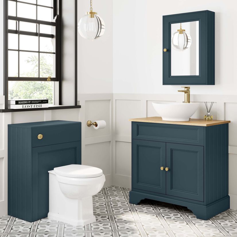 Lucia Inky Blue Vanity with Oak Effect Top & Oval Counter Top Basin 840mm - Brushed Brass Accents