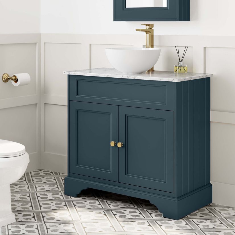 Lucia Inky Blue Vanity with Marble Top & Round Counter Top Basin 840mm - Brushed Brass Accents