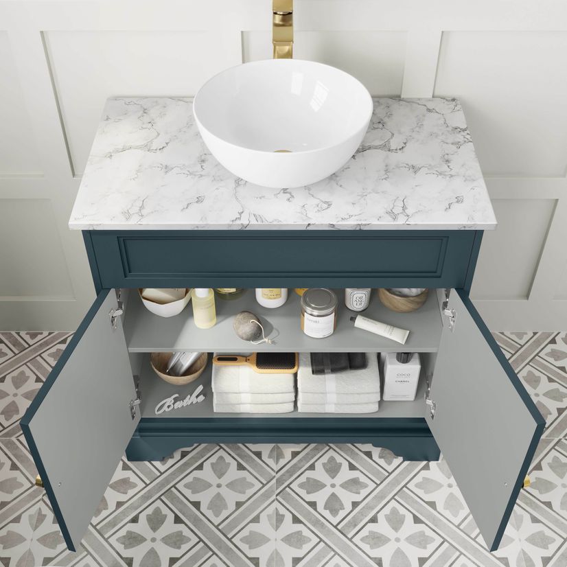 Lucia Inky Blue Vanity with Marble Top & Round Counter Top Basin 840mm - Brushed Brass Accents