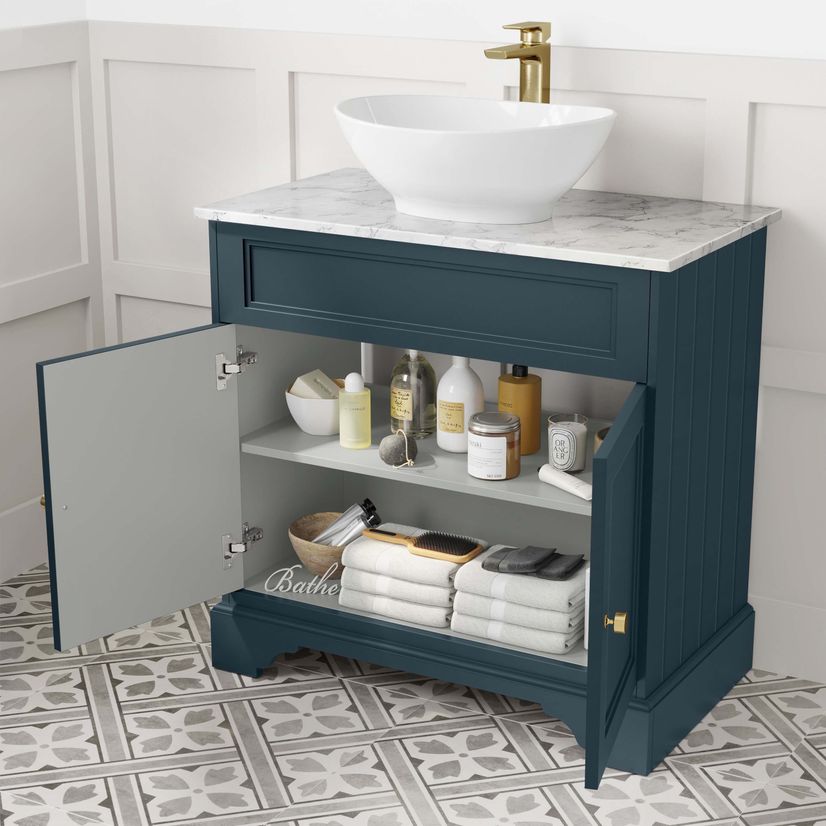 Lucia Inky Blue Vanity with Marble Top & Oval Counter Top Basin 840mm - Brushed Brass Accents