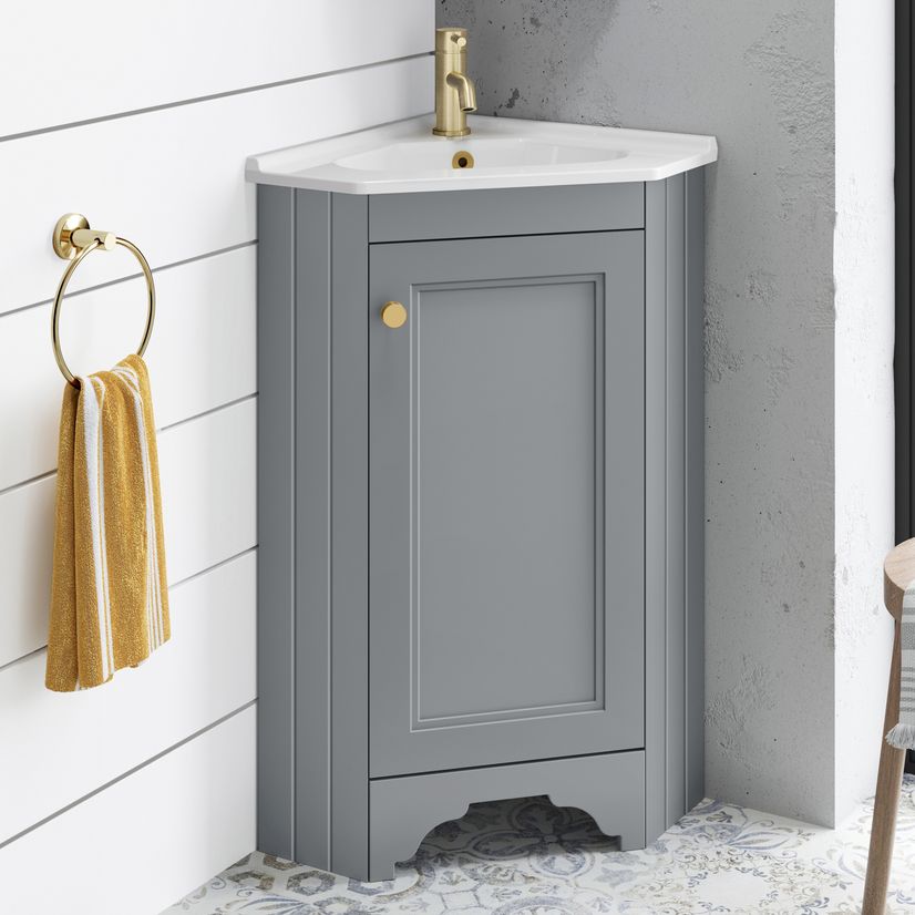 Lucia Dove Grey Corner Basin Vanity 400mm - Brushed Brass Accents