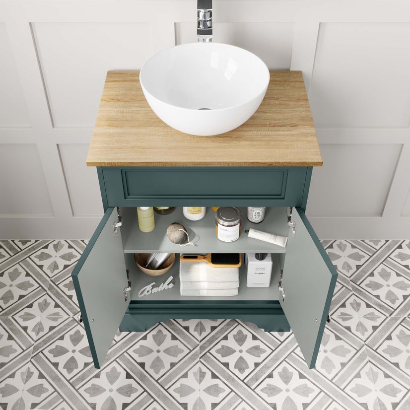 Lucia Midnight Green Vanity with Oak Effect Top & Round Counter Top Basin 640mm