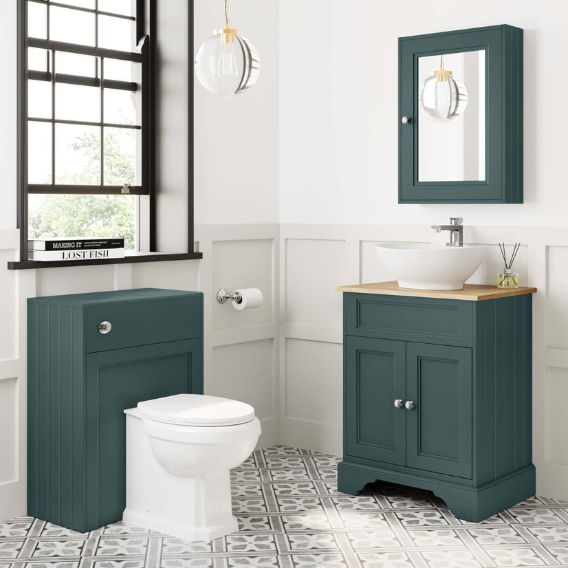 Lucia Midnight Green Vanity with Oak Effect Top & Oval Counter Top Basin 640mm