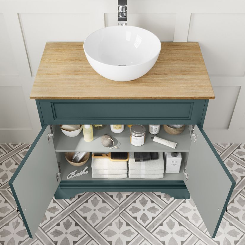 Lucia Midnight Green Vanity with Oak Effect Top & Round Counter Top Basin 840mm
