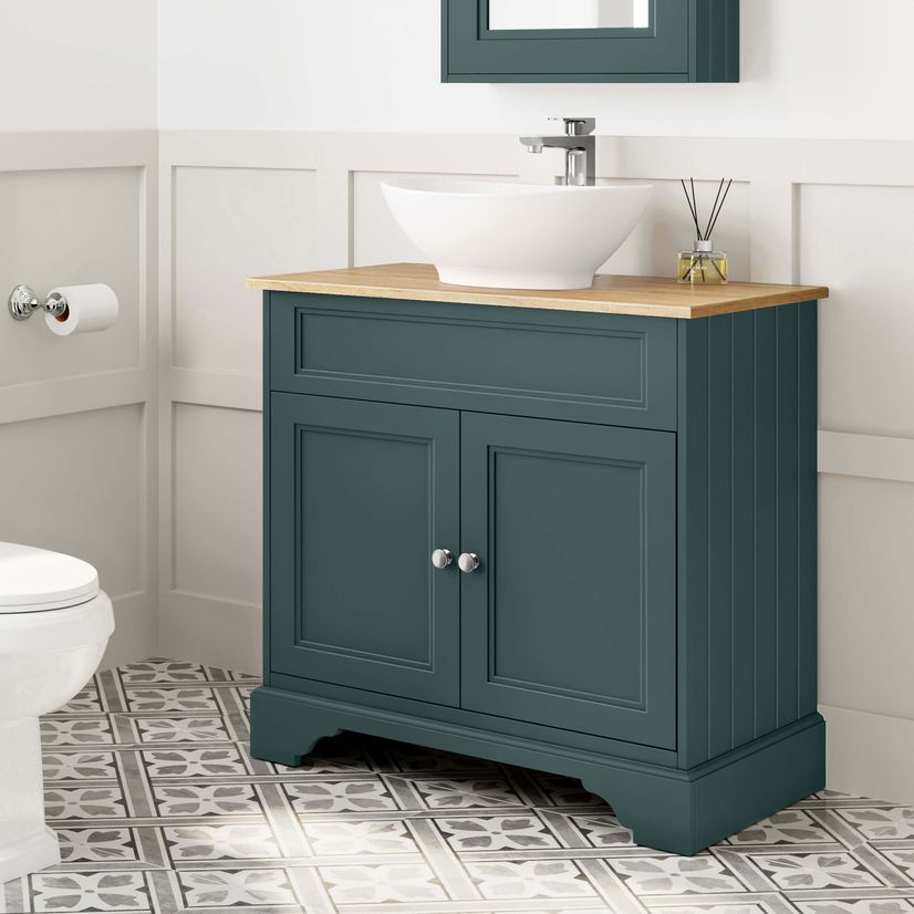 Lucia Midnight Green Vanity with Oak Effect Top & Oval Counter Top Basin 840mm